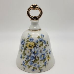 Vintage Enesco Porcelain Gold Handle Decorative Bell Florals Bluebells 5"